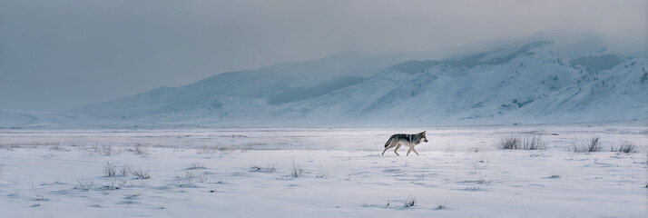 Winter Wolf's Wander: A lone wolf traverses a vast, snow-covered landscape, the towering mountains and an overcast sky creating a scene of raw wilderness and solitude.