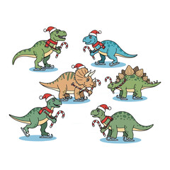 Group of cartoon dinosaurs enjoying winter ice skating while wearing cute seasonal knit hats © Ashikur