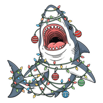 Great white shark tangled in colorful holiday string lights and decorative ornaments illustration