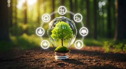 Glowing lightbulb with green tree and energy in forest