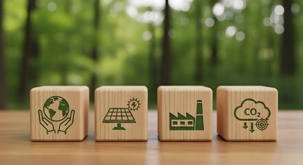 Four wooden blocks with environmental on a wooden surface in a forest