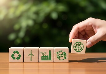 Hand placing wooden block with C O2 symbol on others with green
