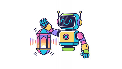 Colorful AI Robot Mascot Holding a Traditional Ramadan Lantern (Fanoos). Modern Technology and Islamic Culture Concept.