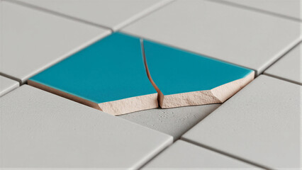 Broken blue tile in realistic style with gray tiles background