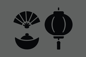 Chinese New Year Silhouette Icon Set of 6. Traditional Lunar New Year symbols isolated on white background including dragon head, lantern, firecracker, gold ingot, folding fan, and fortune Fu cha