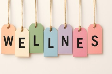 Seven colorful tags spelling wellness hanging on strings