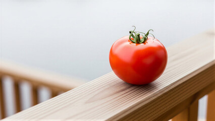 Red tomato on brown railing, clear day