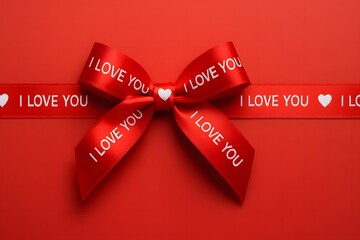 Red Ribbon with I Love You Text on Red Background heart symbol