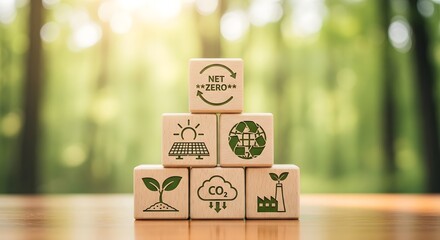 Six wooden blocks stacked with net zero and eco on a wooden table
