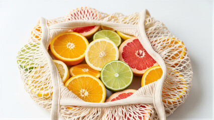 Assorted citrus slices in mesh bag in vibrant colors for fresh fruit