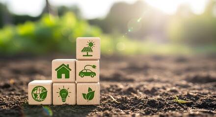 Six wooden blocks with green eco on soil green eco symbols