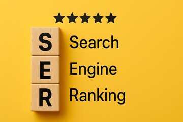 Wooden blocks spelling S E R next to Search Engine Ranking text on yellow background