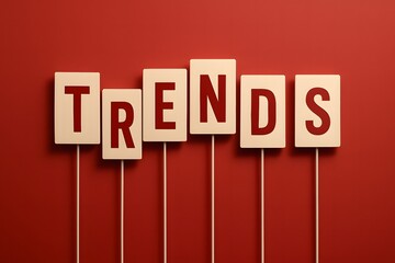 3 D of the word trends in red on white blocks against a red background
