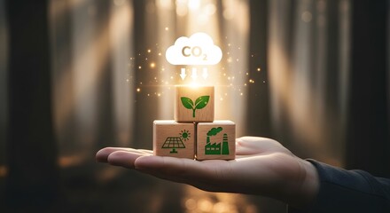 A hand holding three wooden blocks with eco and a glowing cloud