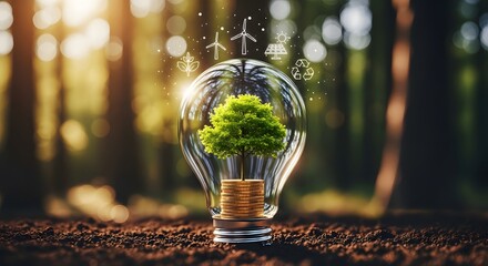 A glowing light bulb with a tree and coins inside in a forest