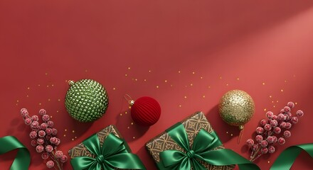 Angle flat lay of festive Christmas decorations and gifts