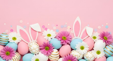Colorful Easter eggs and flowers with bunny ears on pink background