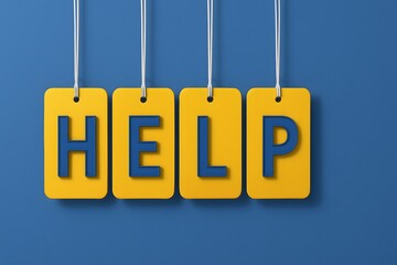 Four bright yellow tags with blue letters spelling H E L P hanging on strings against blue