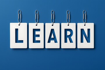 Four white cards with blue letters spelling L E A R N on blue background