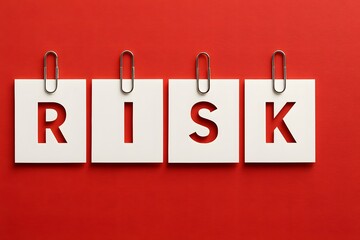 Four white cards with red letters spelling R I S K on red background