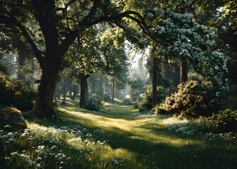 Obraz premium green natural background with sun rays and trees in spring park