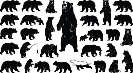 Bear silhouettes vector illustration, wildlife animal poses, black bear shapes on white background, forest creature design, editable nature clipart, standing walking © MSTIRIN