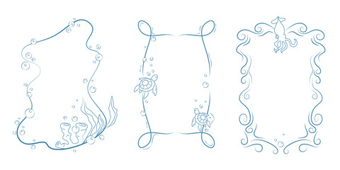 Obraz premium Sea doodle frame border set with hand drawn summer vector elements. Marine invitation boxes with ocean waves and turtles, squid and bubbles, seaweed with corals in blue line art for kids birthday card
