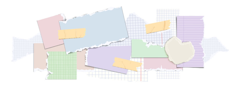 Funky paper collage background with torn notebook sheets and ripped edges. Pastel colored paper scraps, grid textures and tape pieces arranged in vintage scrapbook style for y2k banners design. - Powered by Adobe