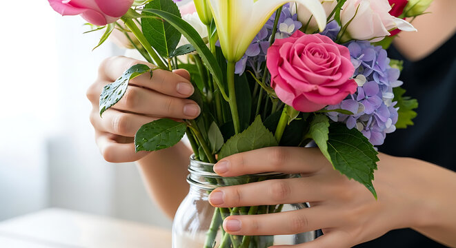 Young Person Arranging Fresh Bouquet in Glass Jar - Powered by Adobe