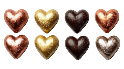 Obraz premium Selection of metallic heart shaped chocolates isolated on transparent background