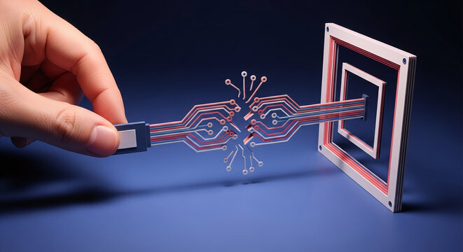 3D Illustration of Hand Connecting Broken Digital Data Stream