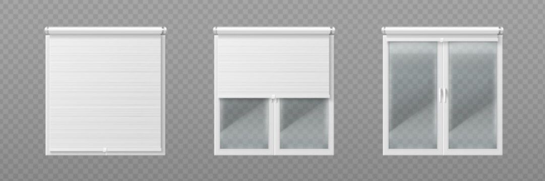 Window with open and closed roller blinds isolated on transparent background. Vector realistic illustration of glass window in plastic frame with textile rolling curtains, interior design element