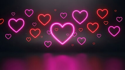 Vibrant Neon Hearts Glowing on Dark Background with Pink Reflection