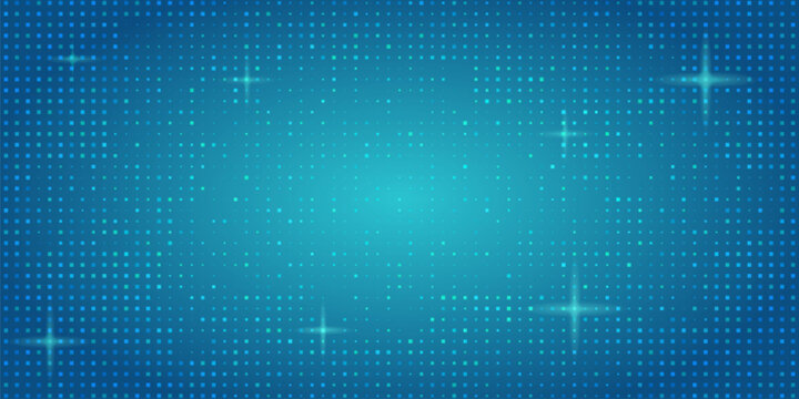 Blue pixel bg with glowing tech pattern and scattered squares. Digital bitmap texture with futuristic grid and halftone. Abstract mosaic background with shimmering light spots for technology design