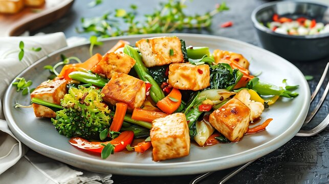 A plate of tofu stir-fry with mixed vegetables