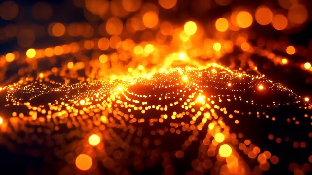 A closeup of a spider web covered in golden lights, with a bokeh effect in the background. The web is intricately detailed with numerous small dots, creating a delicate weblike pattern.