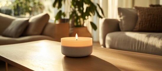 Lit candle on coffee table, living room background, sunlight