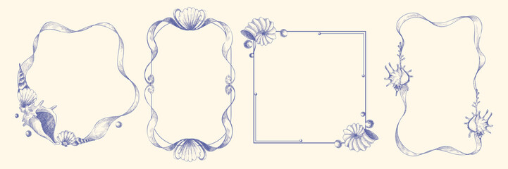 Sketch frames set with seashell decoration. Vector realistic illustration of round, square, rectangular line, ribbon or seaweed borders, vintage nautical shell design element for sea resort poster