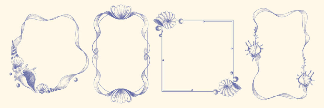 Sketch frames set with seashell decoration. Vector realistic illustration of round, square, rectangular line, ribbon or seaweed borders, vintage nautical shell design element for sea resort poster