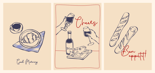 French food posters set, doodle design. Vector illustration of line art breakfast or picnic posters with coffee cup and croissant, hands clinking wine glasses, fresh baked baguette, cafe menu banner