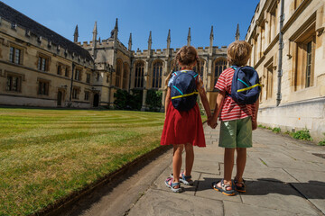 Kids gaze at yard of All Souls College, Oxford, Great Britain