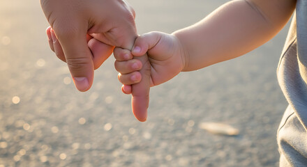 Parent and Child Holding Hands by Beach at Sunset