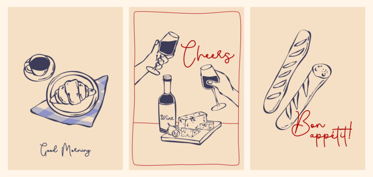 French food posters set, doodle design. Vector illustration of line art breakfast or picnic posters with coffee cup and croissant, hands clinking wine glasses, fresh baked baguette, cafe menu banner