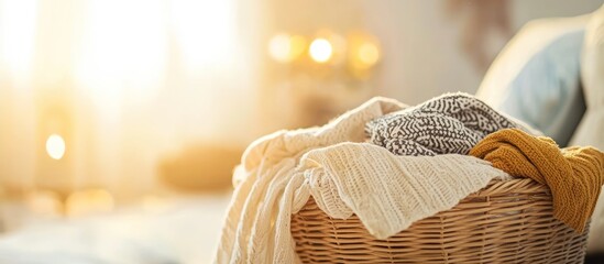 Cozy sweaters in wicker basket, sunny bedroom. Laundry, home comfort