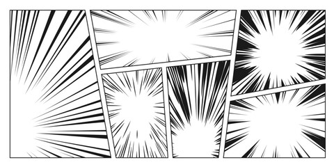 Manga comic background with black radial lines on white background. Vector illustration of anime halftone design, high speed, explosion boom or super hero appearance effect, comic battle collage © klyaksun