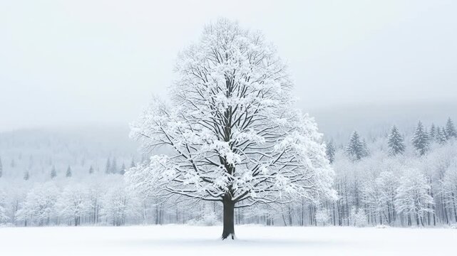 Serene winter landscape with snow-covered trees and misty mountains in the distance untouched beauty