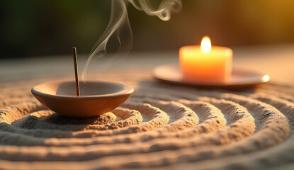 Zen Meditation Still Life with Burning Incense Stick and Candle on Raked Sand
