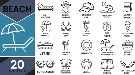 Beach and summer themed vector line icons set on a blue and white background for various holiday activities ©  Pixel iconsBox