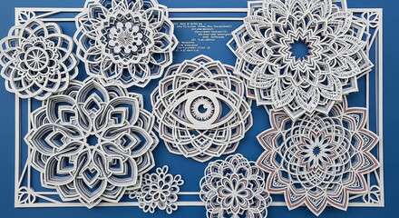 Layered Paper Art Mandalas with All-Seeing Eye on Blue Background