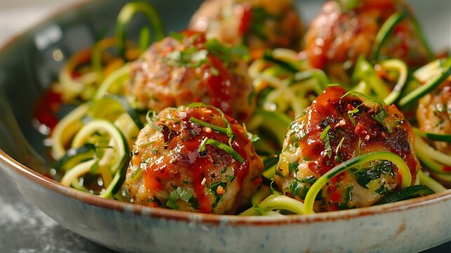 A plate of turkey meatballs with zucchini noodles